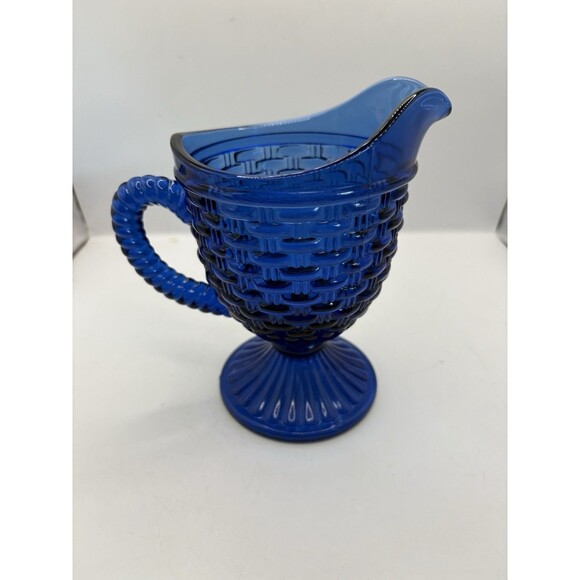 Imperial Glass Cobalt Blue Basket Weave Creamer Pitcher 5.5” - Picture 4 of 7
